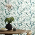 Antonina Vella Peacock Block Print - Teal Wallpaper | Buy Online Antonina Vella Peacock Block Print wallpaper, color Teal, SKU BO6632