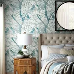 Antonina Vella Peacock Block Print - Teal Wallpaper | Buy Online Antonina Vella Peacock Block Print wallpaper, color Teal, SKU BO6632