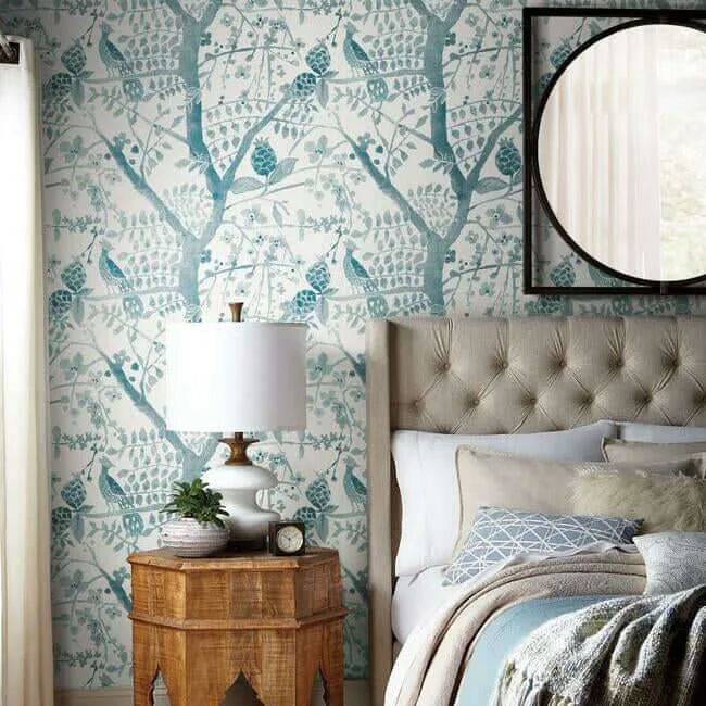 Antonina Vella Peacock Block Print - Teal Wallpaper | Buy Online Antonina Vella Peacock Block Print wallpaper, color Teal, SKU BO6632
