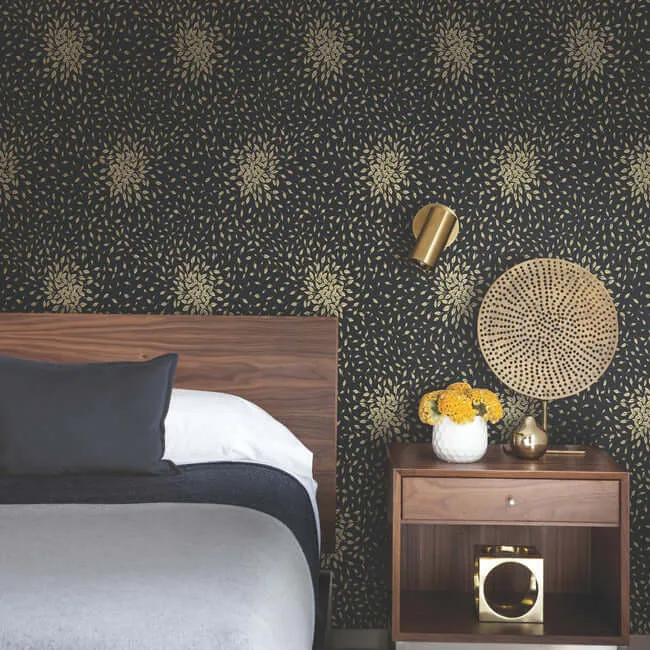 Antonina Vella Petite Leaves wallpaper, color Black & Gold, SKU MD7102