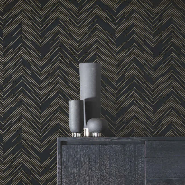 Antonina Vella Polished Chevron - Black & Gold Wallpaper | Buy Online Antonina Vella Polished Chevron wallpaper, color Black & Gold, SKU MD7221