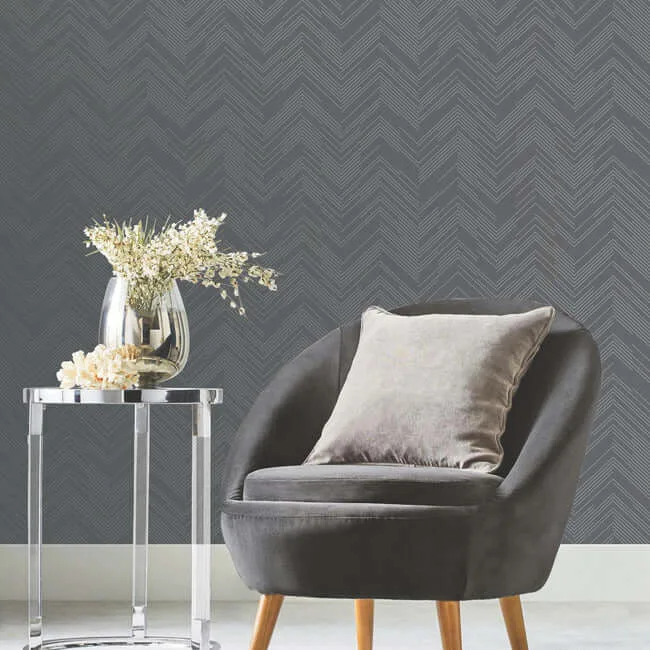 Antonina Vella Polished Chevron wallpaper, color Charcoal & Silver, SKU MD7226