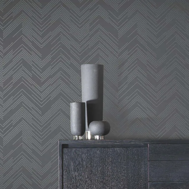 Antonina Vella Polished Chevron wallpaper, color Charcoal & Silver, SKU MD7226