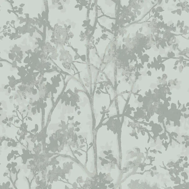 Antonina Vella Shimmering Foliage wallpaper, color Spa & Silver, SKU MD7142