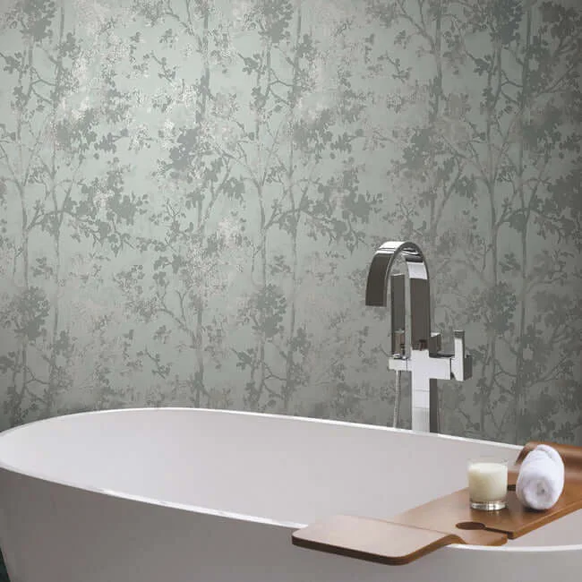 Antonina Vella Shimmering Foliage wallpaper, color Spa & Silver, SKU MD7142