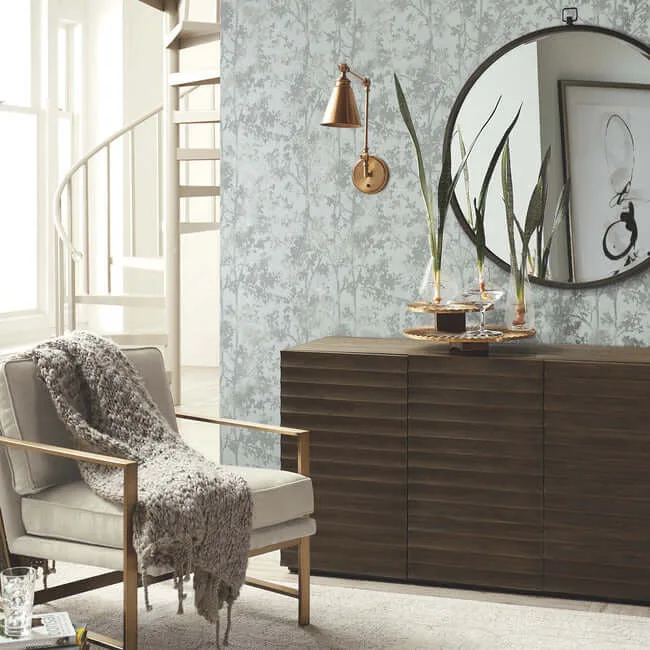 Antonina Vella Shimmering Foliage wallpaper, color Spa & Silver, SKU MD7142