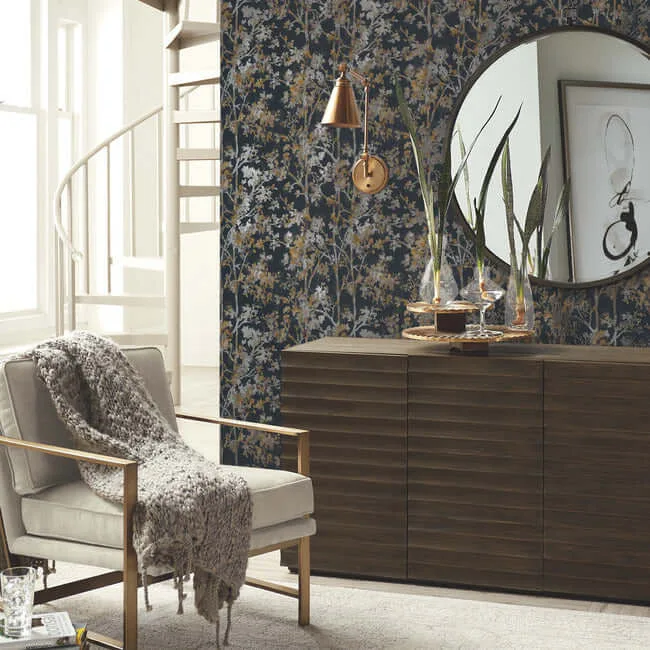 Antonina Vella Shimmering Foliage wallpaper, color Black, SKU NW3580