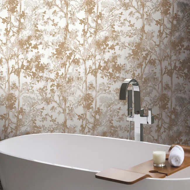 Antonina Vella Shimmering Foliage wallpaper, color White & Gold, SKU NW3583