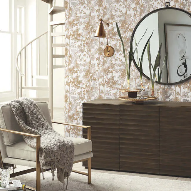 Antonina Vella Shimmering Foliage - White & Gold Wallpaper | Buy Online Antonina Vella Shimmering Foliage wallpaper, color White & Gold, SKU NW3583