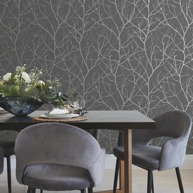 Antonina Vella Trees Silhouette wallpaper, color Charcoal & Silver, SKU MD7125