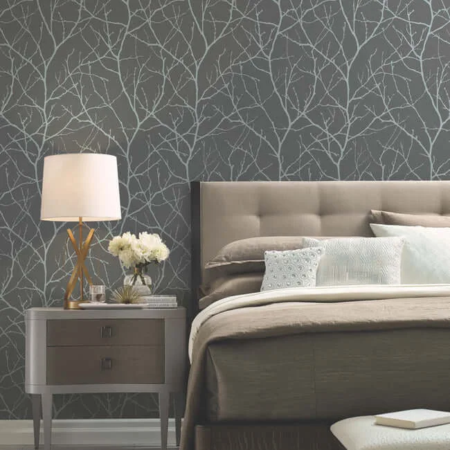 Antonina Vella Trees Silhouette wallpaper, color Charcoal & Silver, SKU MD7125