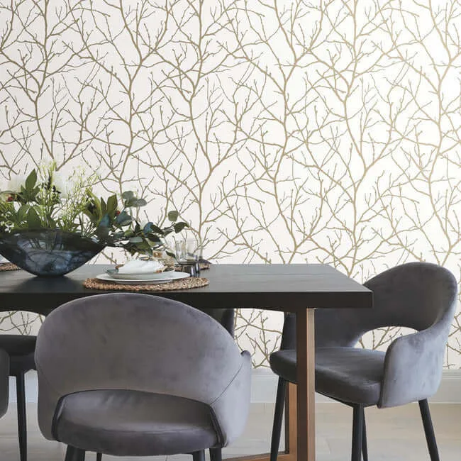 Antonina Vella Trees Silhouette - White & Gold Wallpaper | Buy Online Antonina Vella Trees Silhouette wallpaper, color White & Gold, SKU MD7126