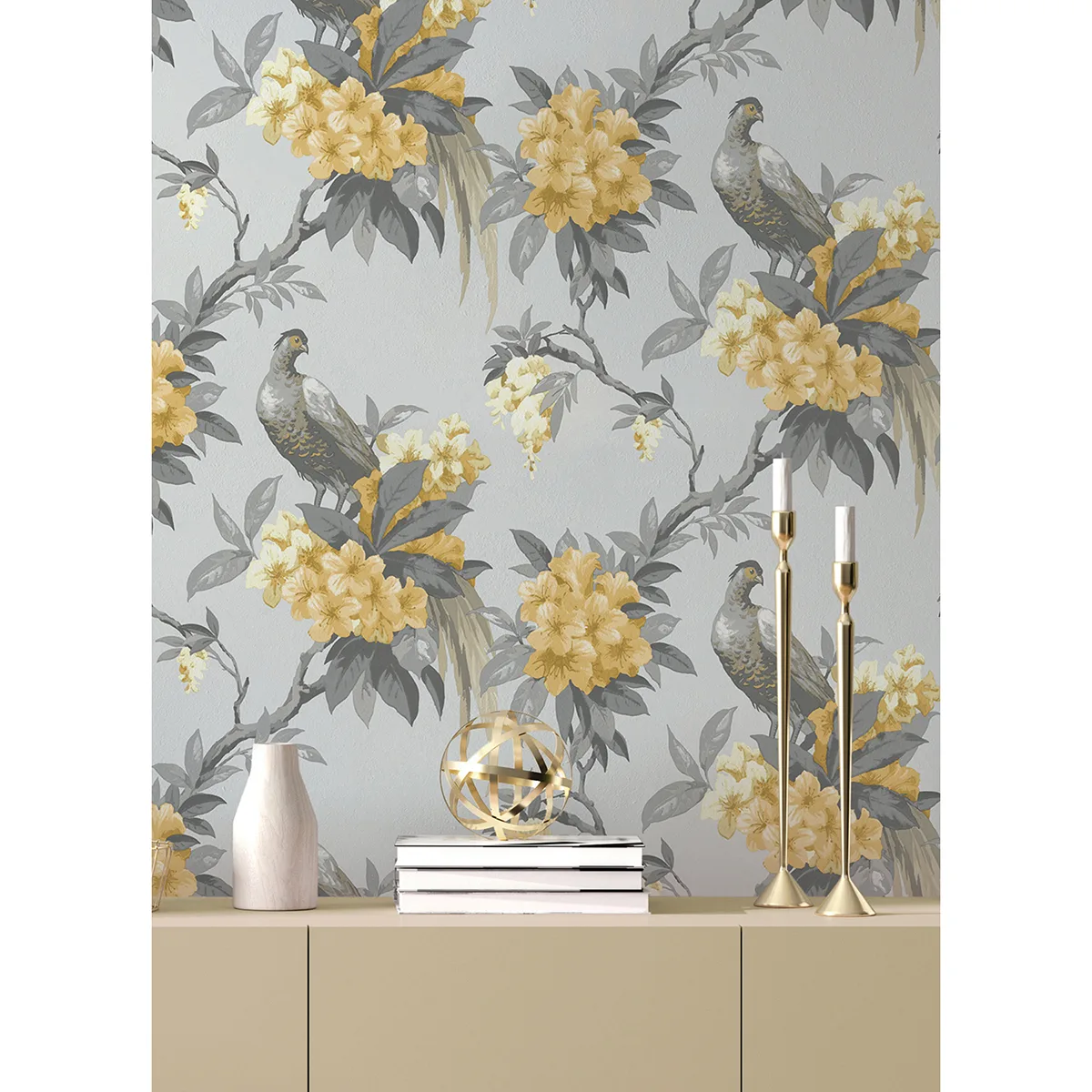 Brewster Golden Pheasant - Grey Wallpaper | Buy Online Brewster Golden Pheasant wallpaper, color Grey, SKU M1662