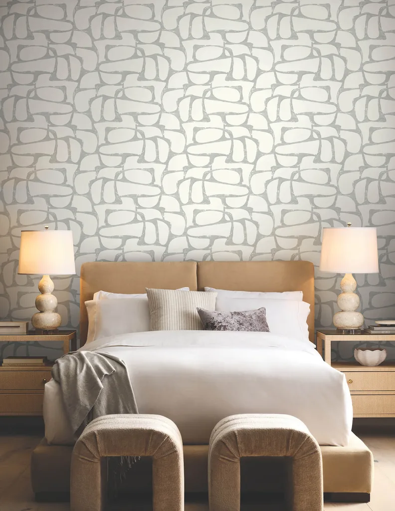 Candice Olson Craftsman Geometric wallpaper, color White & Silver, SKU DF3356