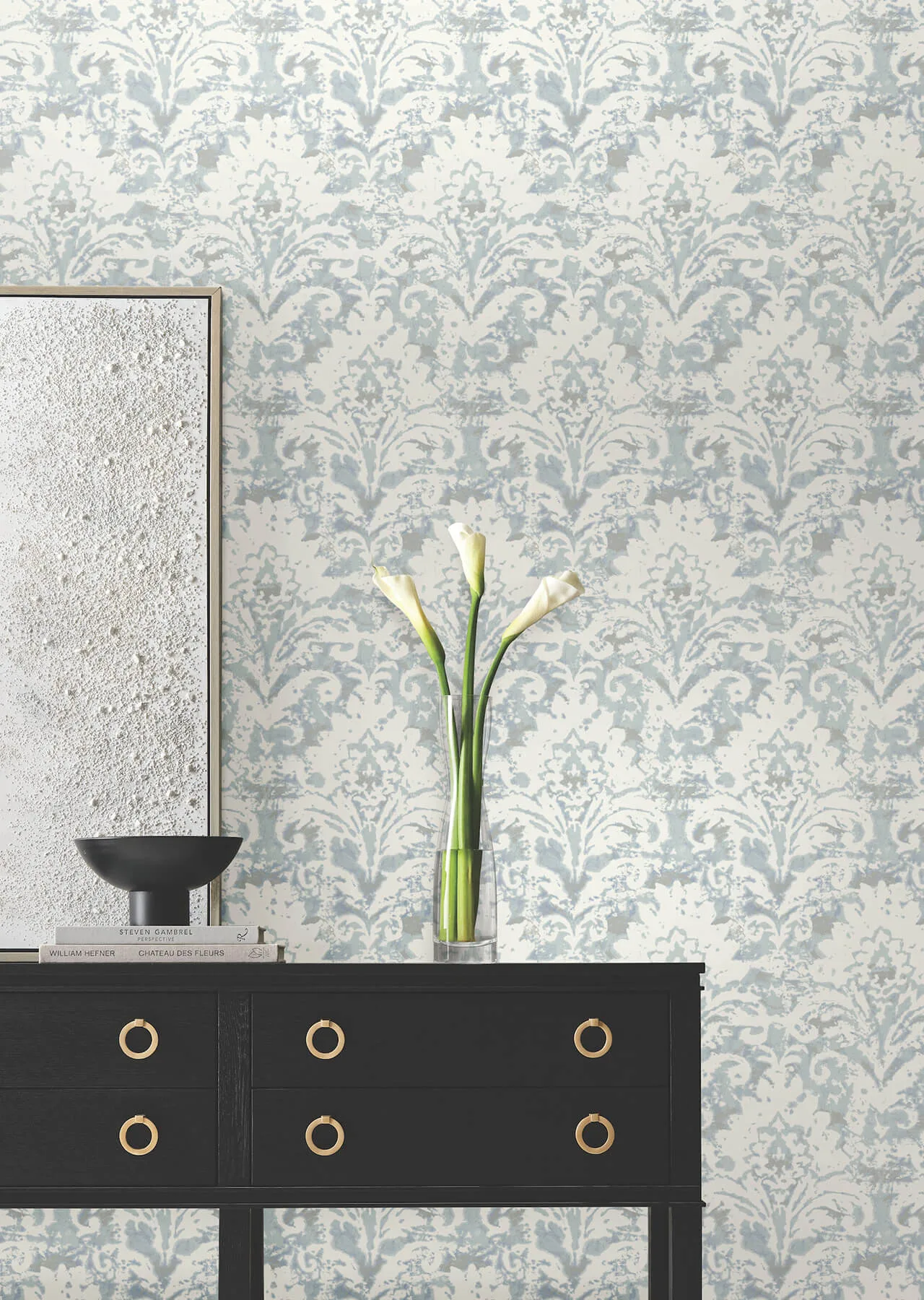 Candice Olson Velvet Crush Damask - Blue & Pearl Wallpaper | Buy Online Candice Olson Velvet Crush Damask wallpaper, color Blue & Pearl, SKU DF3335