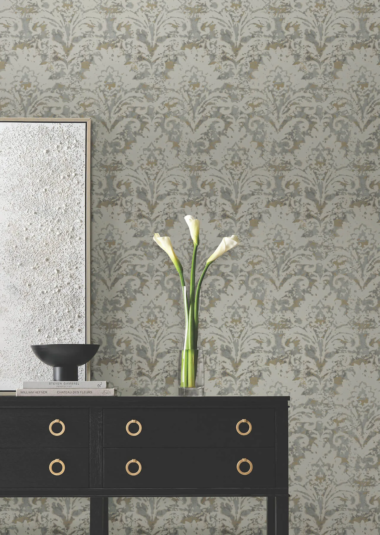 Candice Olson Velvet Crush Damask wallpaper, color Taupe & Gold, SKU DF3331