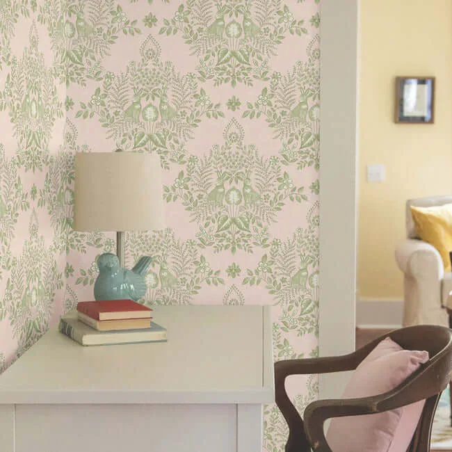 Erin & Ben Cottontail Toile - Pink & Chartreuse Wallpaper | Buy Online Erin & Ben Cottontail Toile wallpaper, color Pink & Chartreuse, SKU PSW1432RL