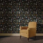 House of Hackney Alice In Wonderland wallpaper in Noir, geometric forms and scenic vignettes in noir