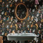 House of Hackney Alice In Wonderland wallpaper in Noir, geometric forms and scenic vignettes in noir