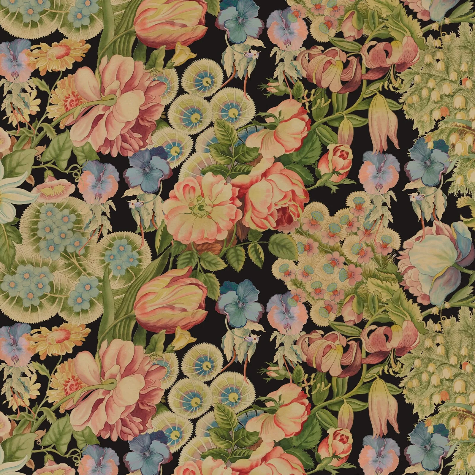 House of Hackney Amatoria wallpaper in Noir, blooms and foliage in noir