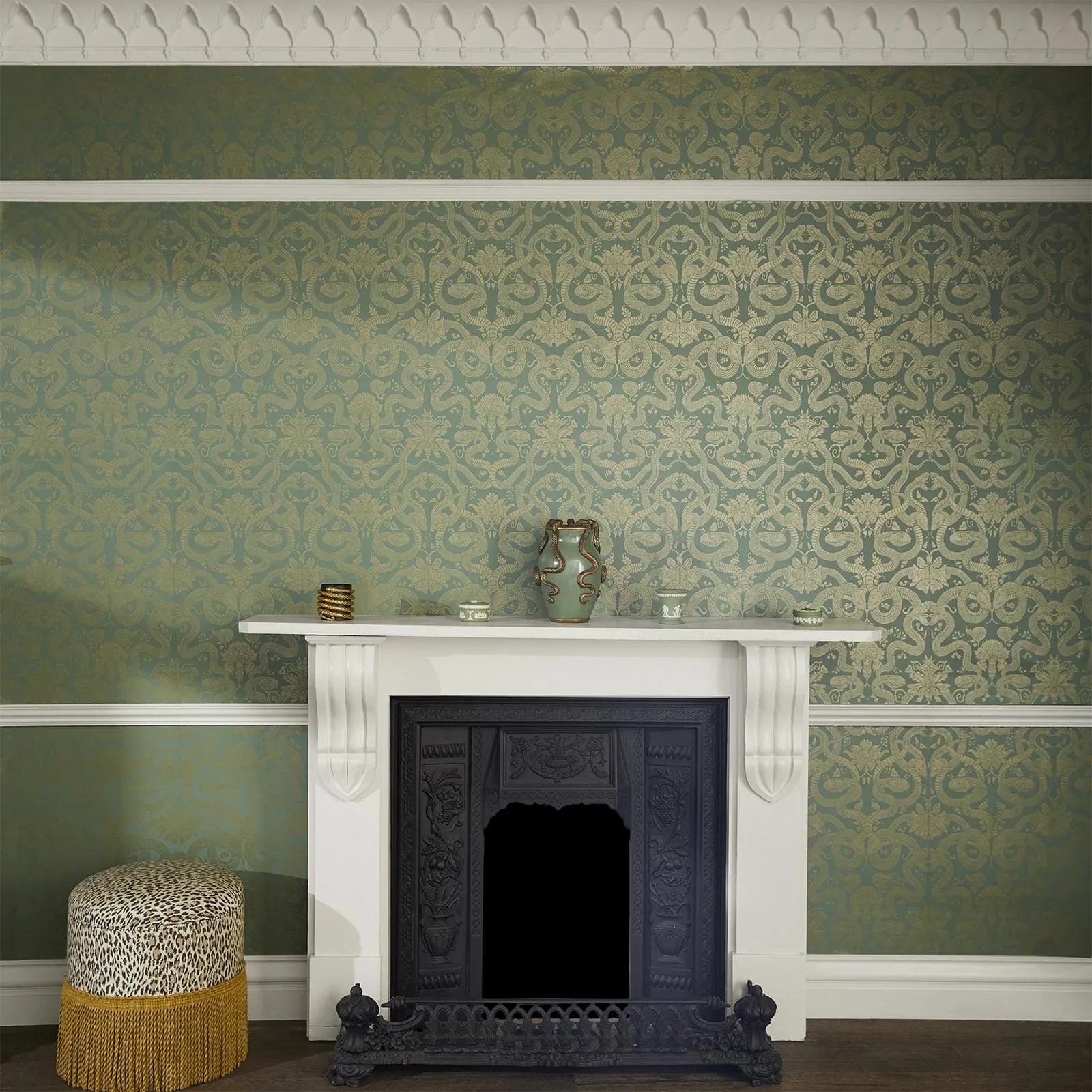 House of Hackney Anaconda wallpaper in Eucalyptus, green serpents winding through exotic foliage with metallic bronze accents