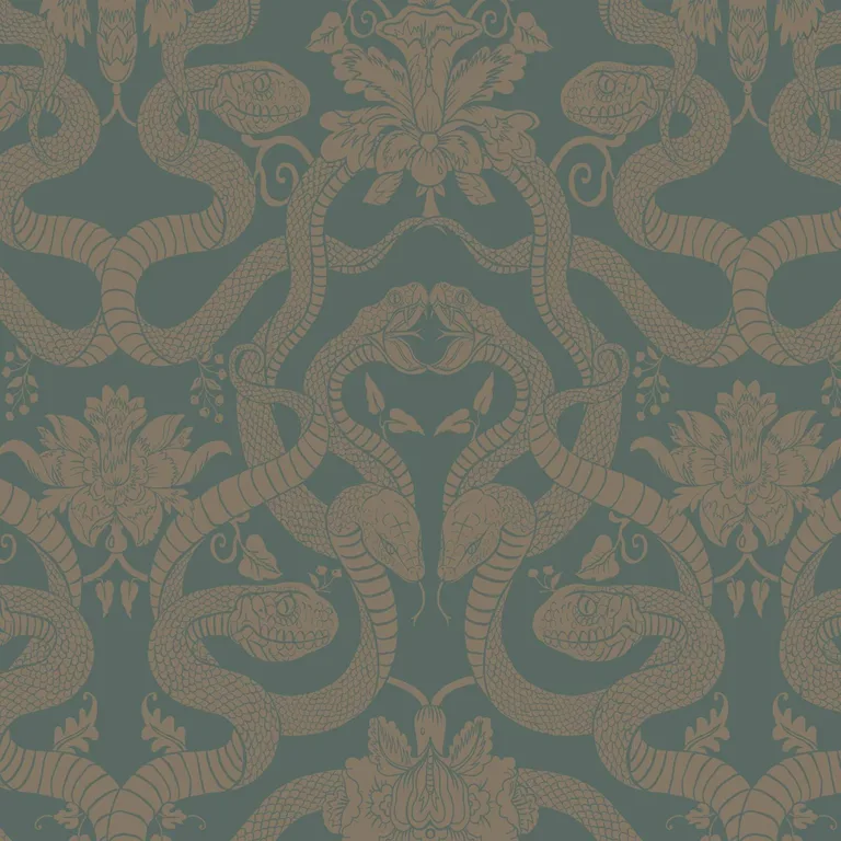 House of Hackney Anaconda wallpaper in Eucalyptus, green serpents winding through exotic foliage with metallic bronze accents
