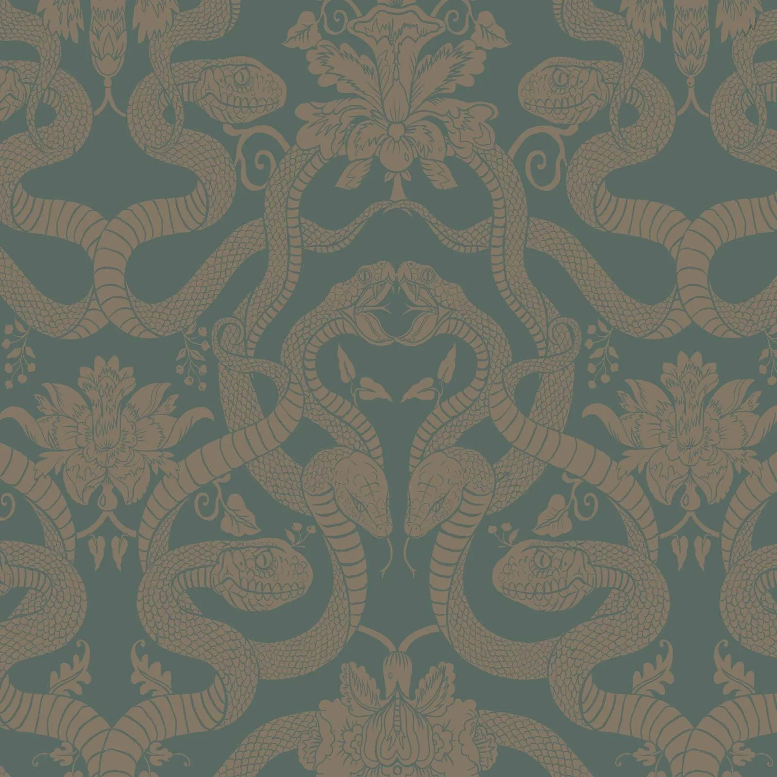 House of Hackney Anaconda wallpaper in Eucalyptus, green serpents winding through exotic foliage with metallic bronze accents