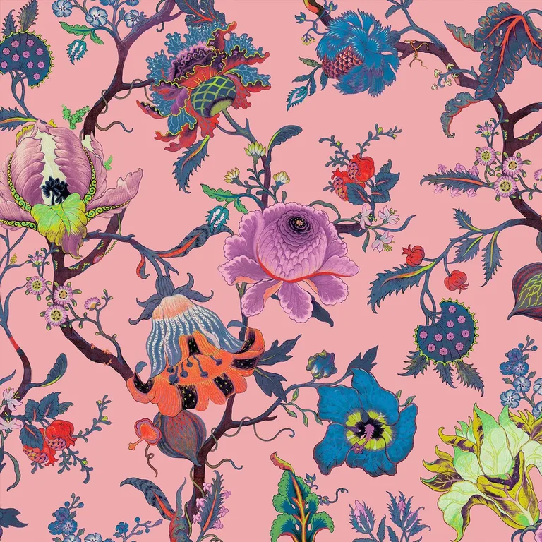 House of Hackney Artemis wallpaper in Amaranth Pink, blooms and foliage in pink