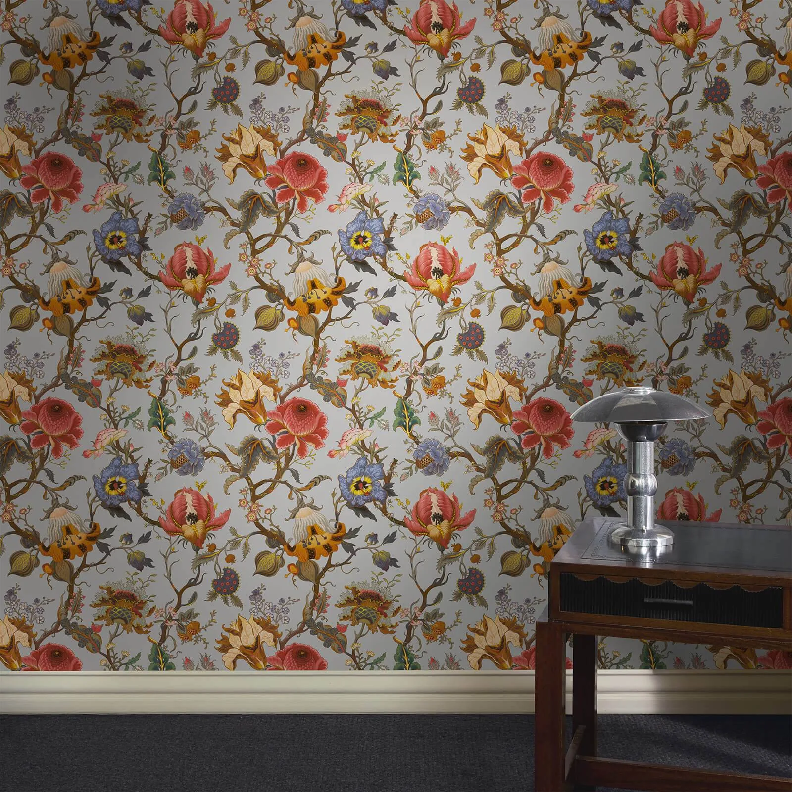 House of Hackney Artemis wallpaper in Dove Grey, blooms and foliage in grey