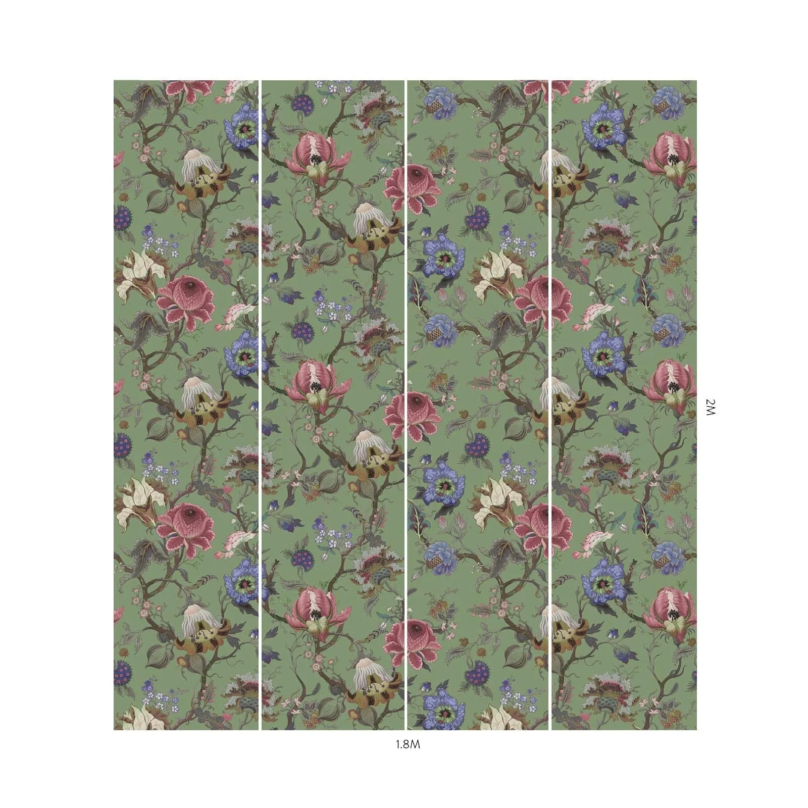 House of Hackney Artemis Wallpaper in Jadeite House of Hackney Artemis wallpaper in Jadeite, pink and periwinkle blooms on a muted jade-green ground