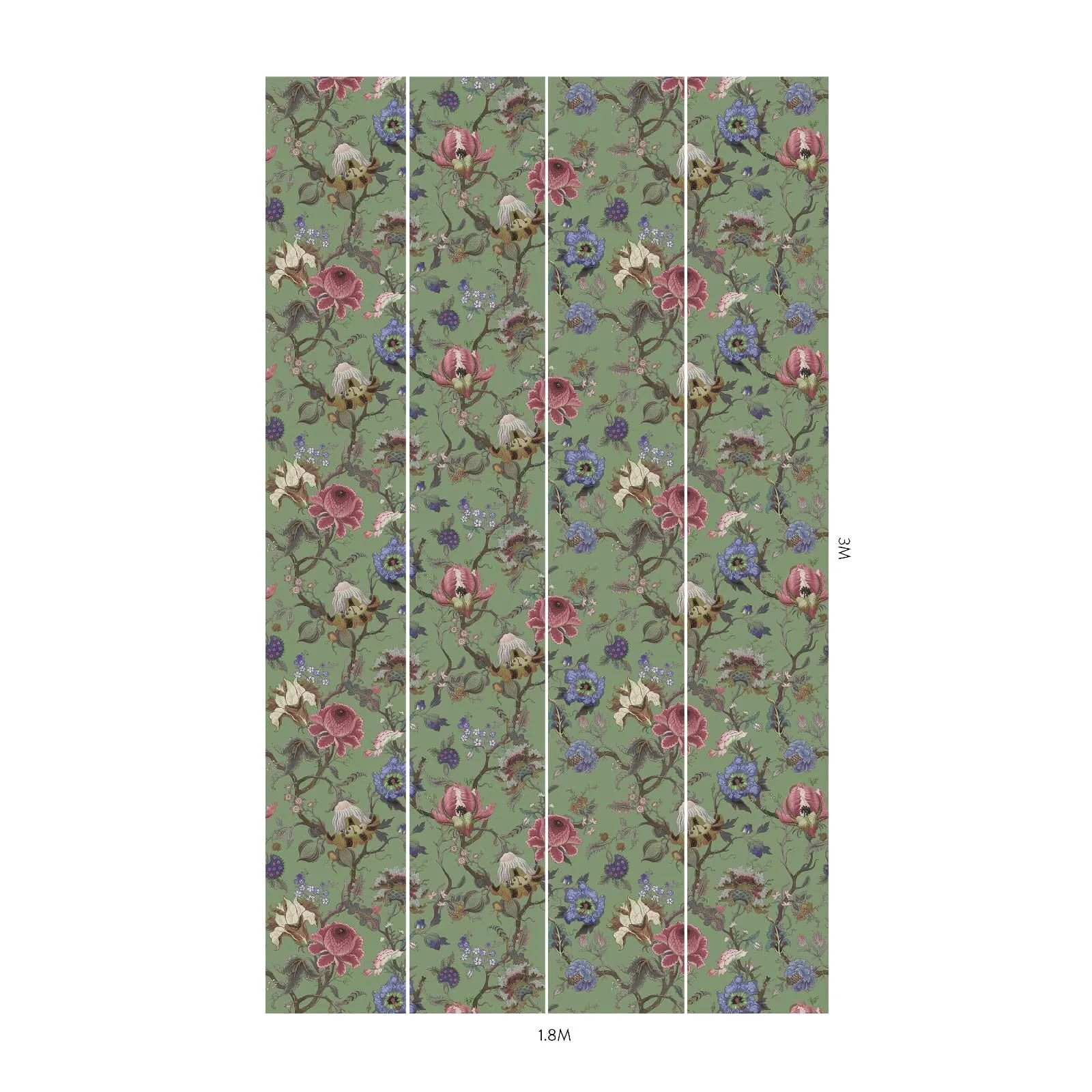 House of Hackney Artemis Wallpaper in Jadeite House of Hackney Artemis wallpaper in Jadeite, pink and periwinkle blooms on a muted jade-green ground