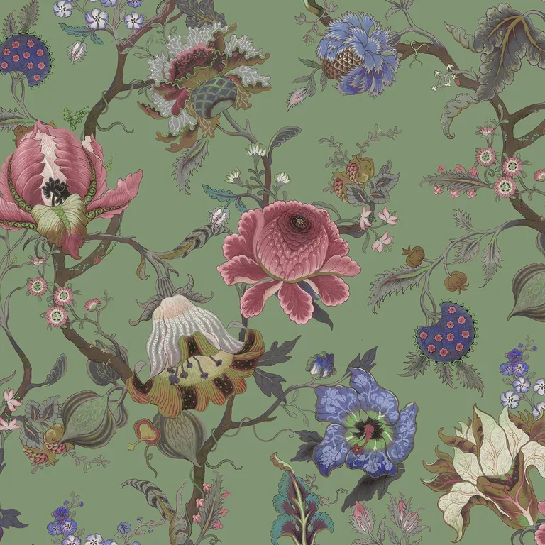 House of Hackney Artemis wallpaper in Jadeite, pink and periwinkle blooms on a muted jade-green ground
