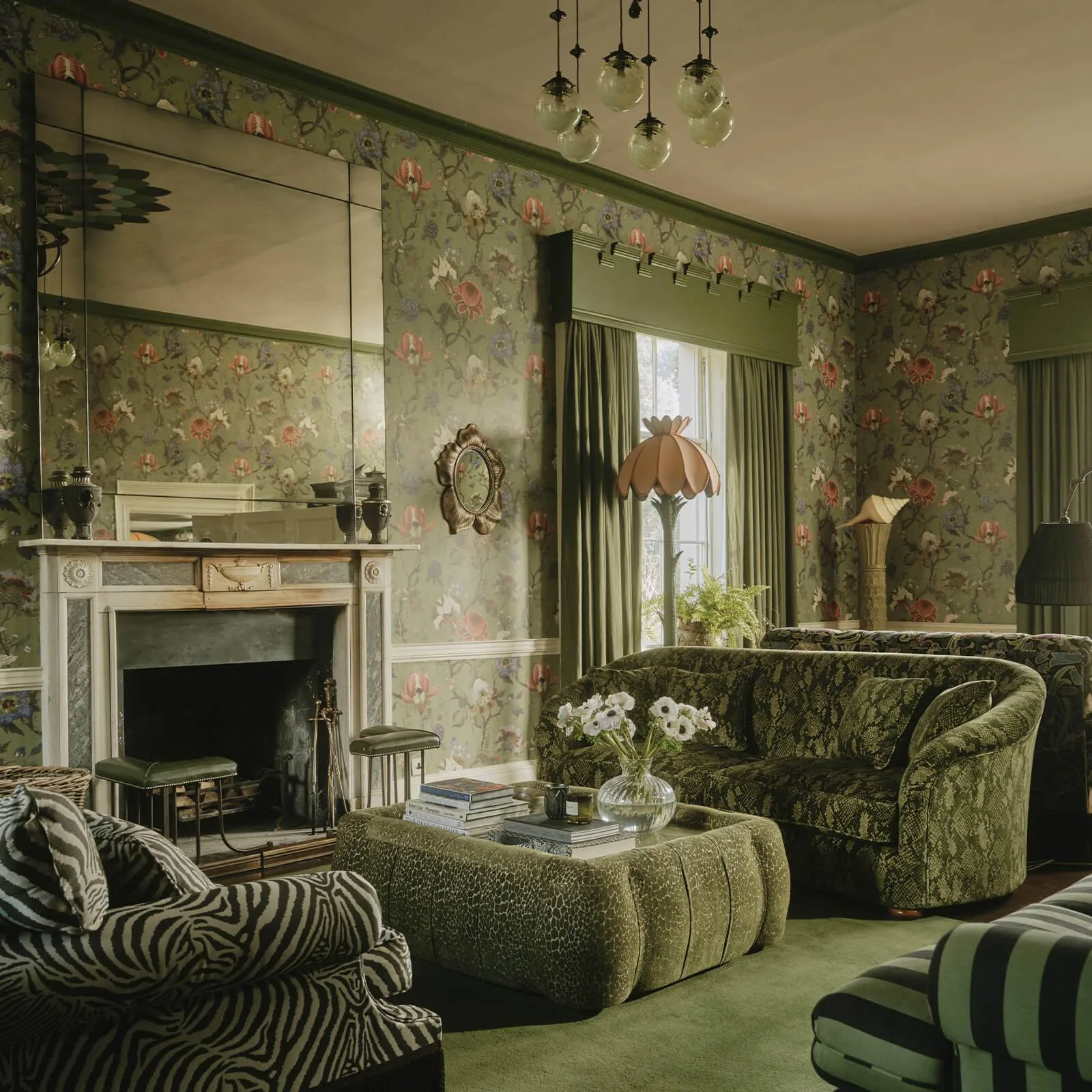 House of Hackney Artemis Wallpaper in Jadeite House of Hackney Artemis wallpaper in Jadeite, pink and periwinkle blooms on a muted jade-green ground