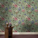 House of Hackney Artemis Wallpaper in Jadeite House of Hackney Artemis wallpaper in Jadeite, pink and periwinkle blooms on a muted jade-green ground