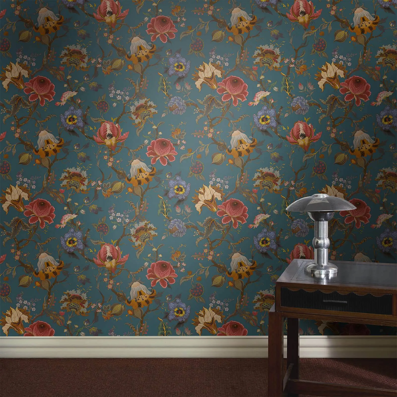 House of Hackney Artemis wallpaper in Petrol, blooms and foliage in petrol
