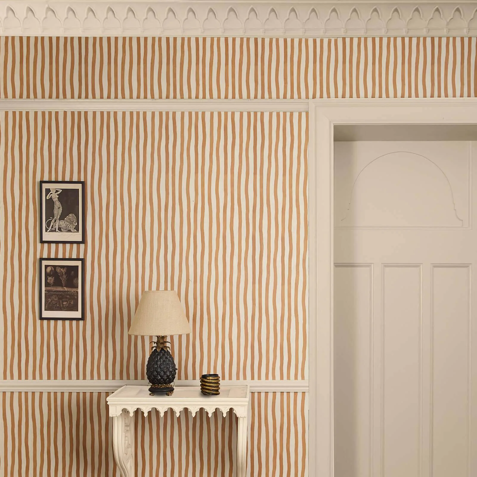 House of Hackney Artist's Stripe wallpaper in Amber, stripes and trees in amber
