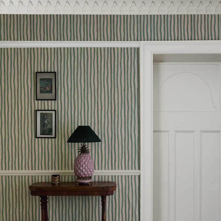 House of Hackney Artist's Stripe wallpaper in Euphorbia & Alabaster, stripes and geometric forms in euphorbia & alabaster