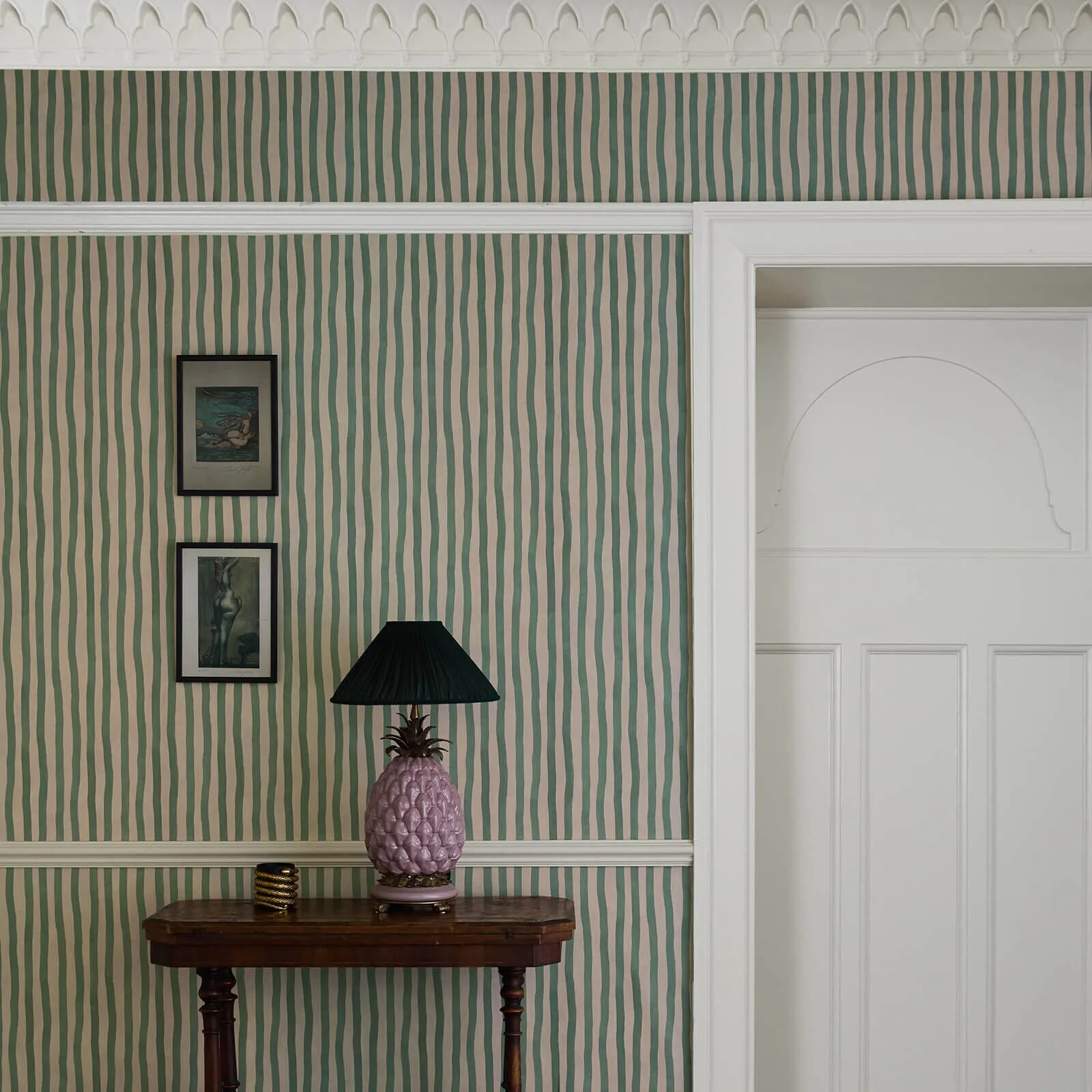 House of Hackney Artist's Stripe wallpaper in Euphorbia & Alabaster, stripes and geometric forms in euphorbia & alabaster