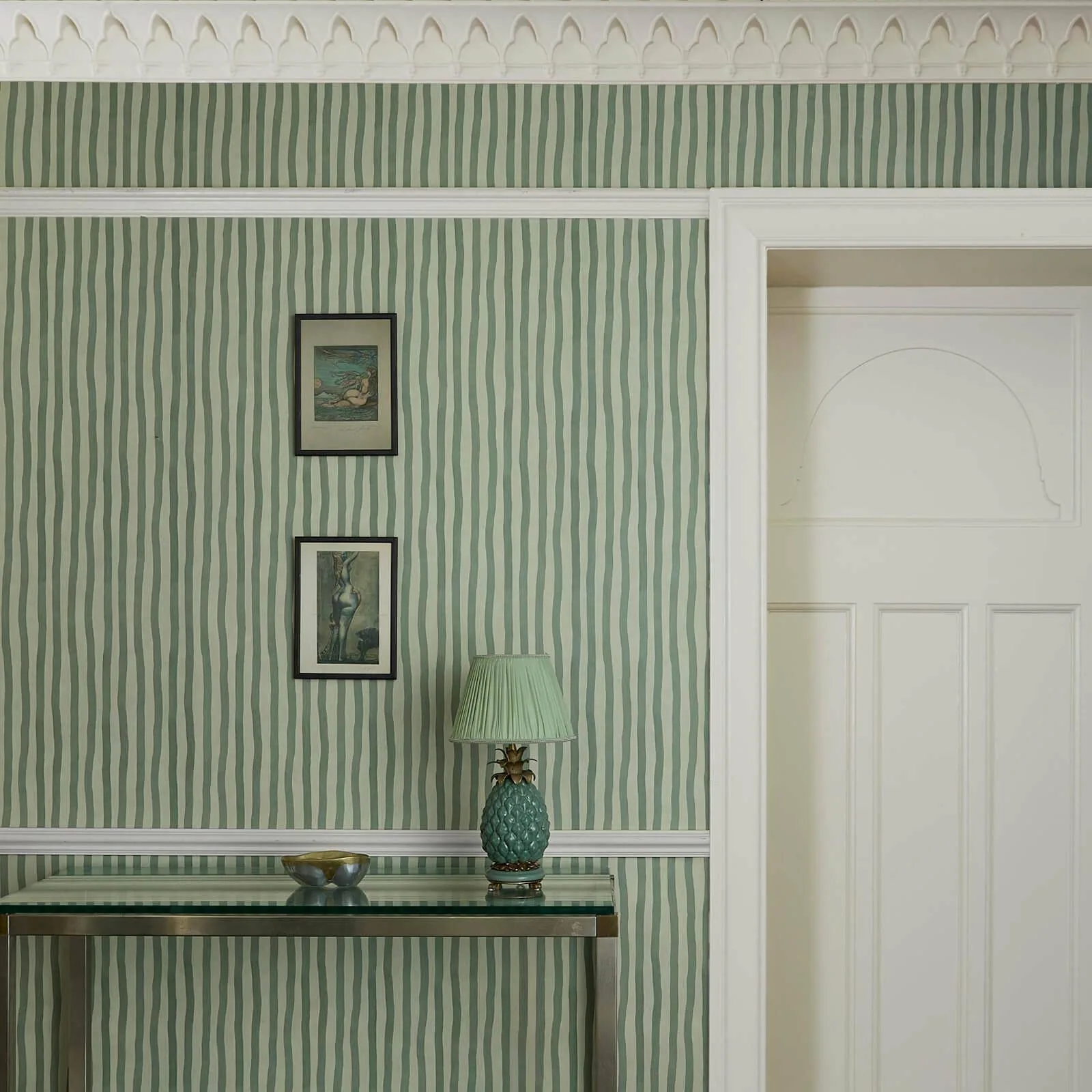 House of Hackney Artist's Stripe wallpaper in Opal, stripes and trees in opal