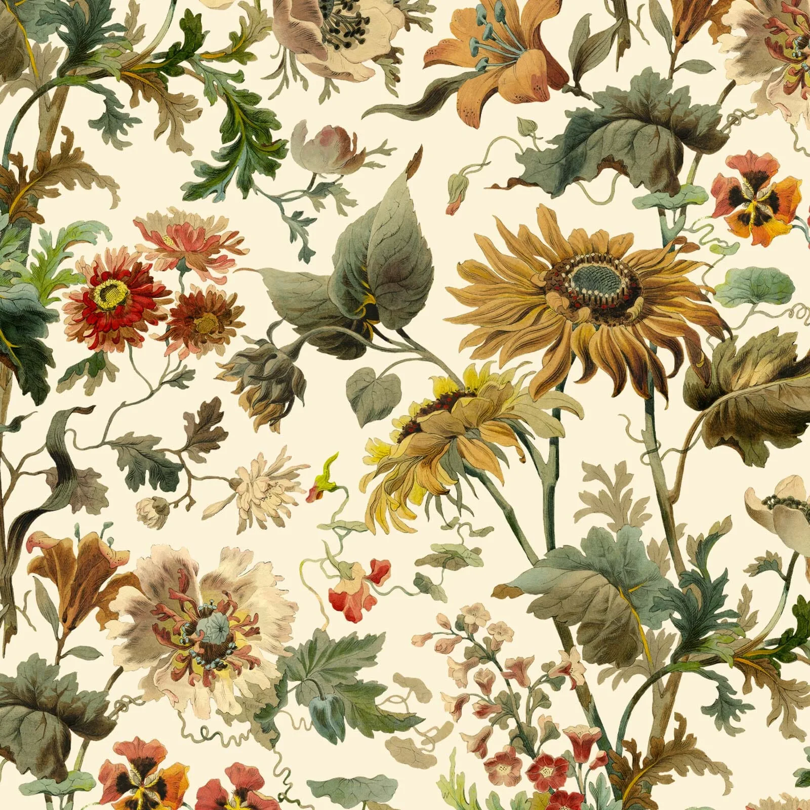 House of Hackney Avalon wallpaper in Ecru, blooms and foliage in ecru