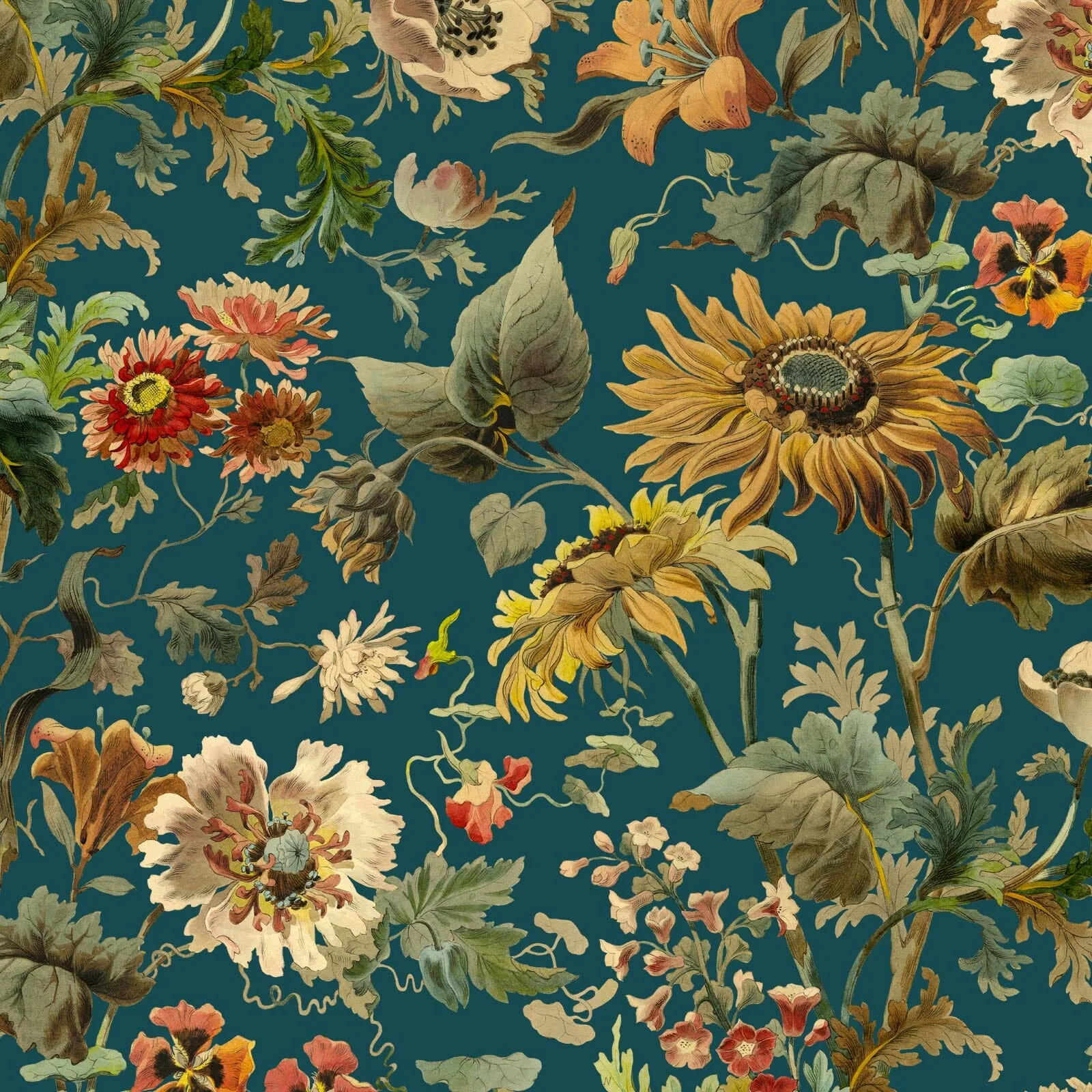 House of Hackney Avalon wallpaper in Petrol, blooms and foliage in petrol