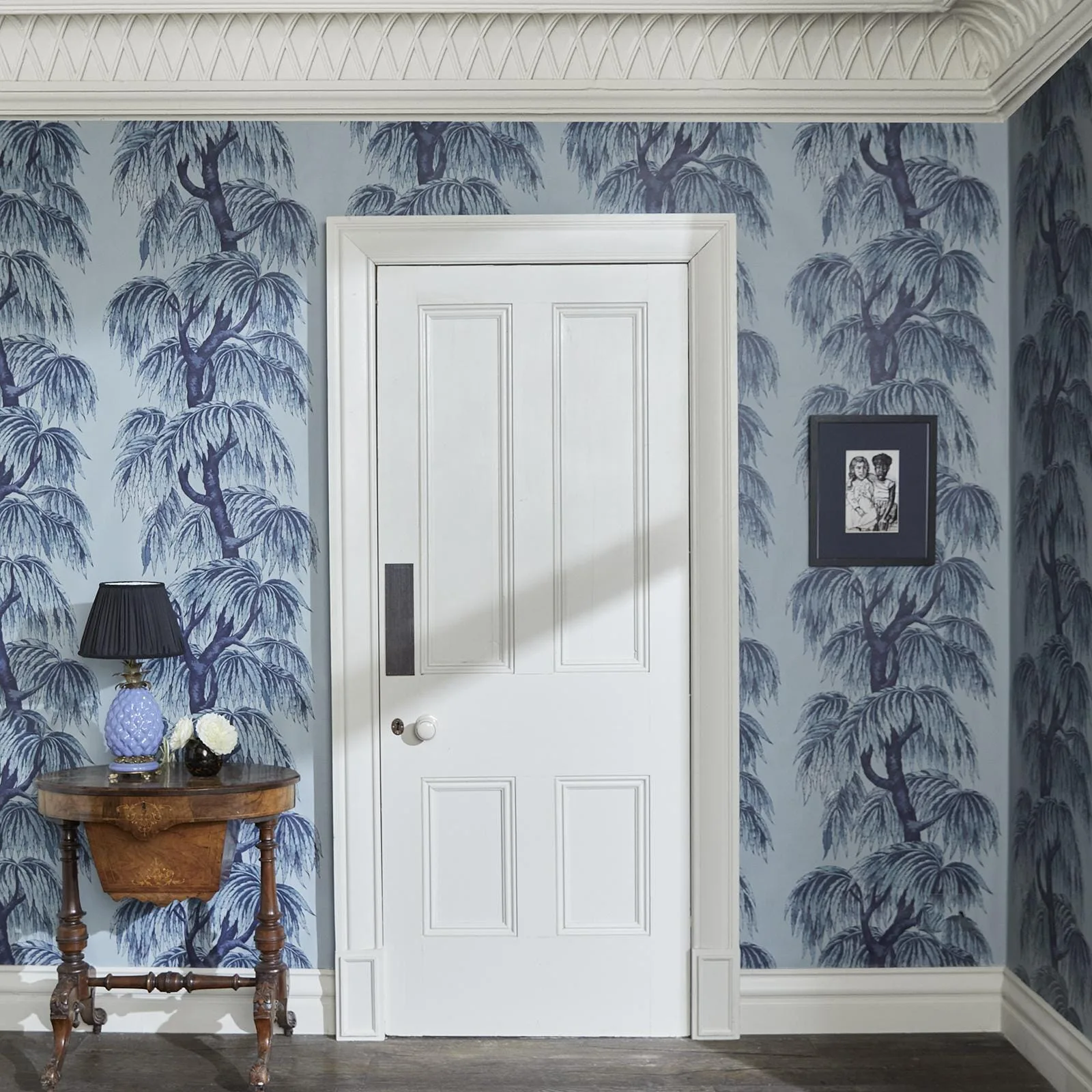 House of Hackney Babylon wallpaper in Celestial Blue, foliage and geometric forms in blue
