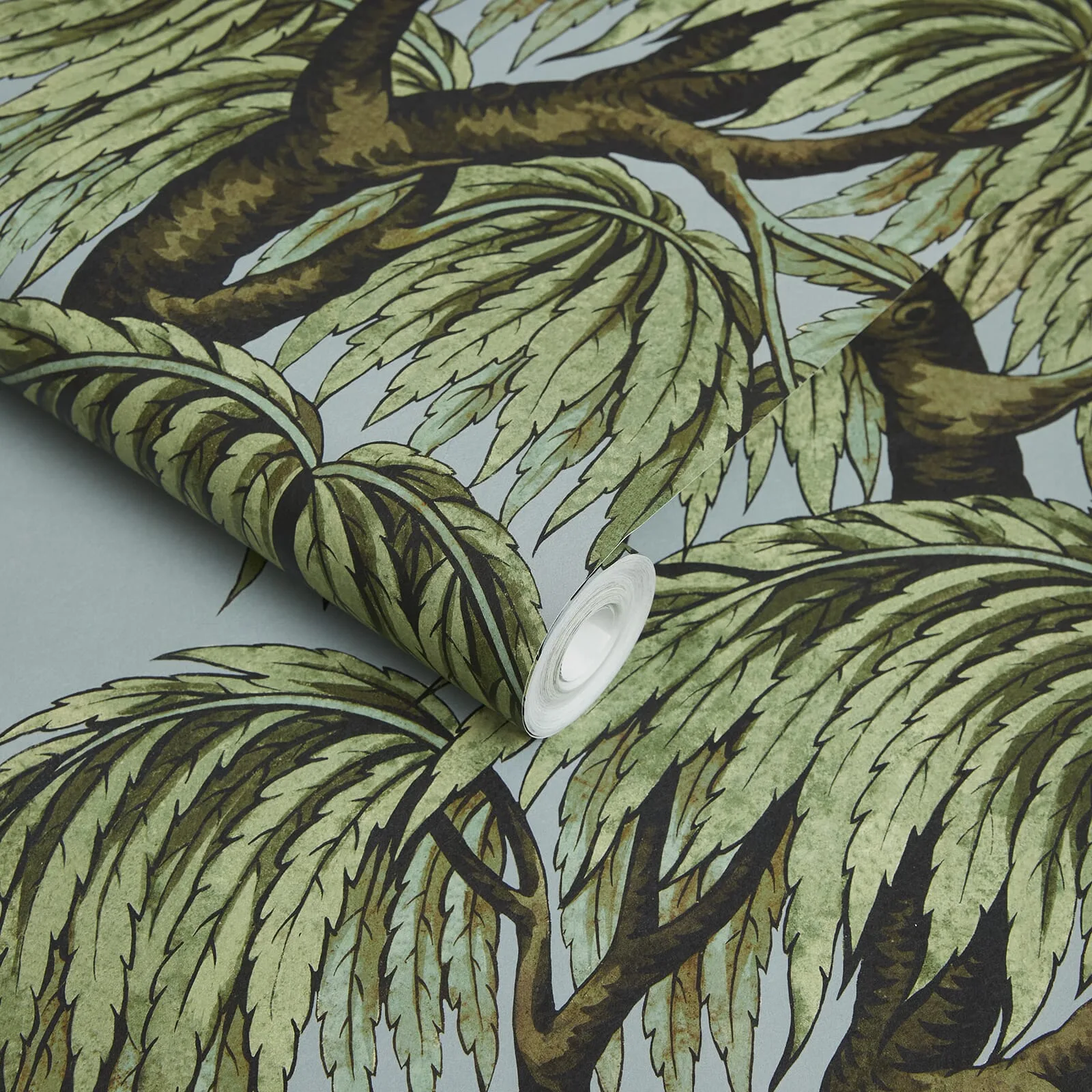 House of Hackney Babylon wallpaper in Dove Willow, foliage and birds in dove willow
