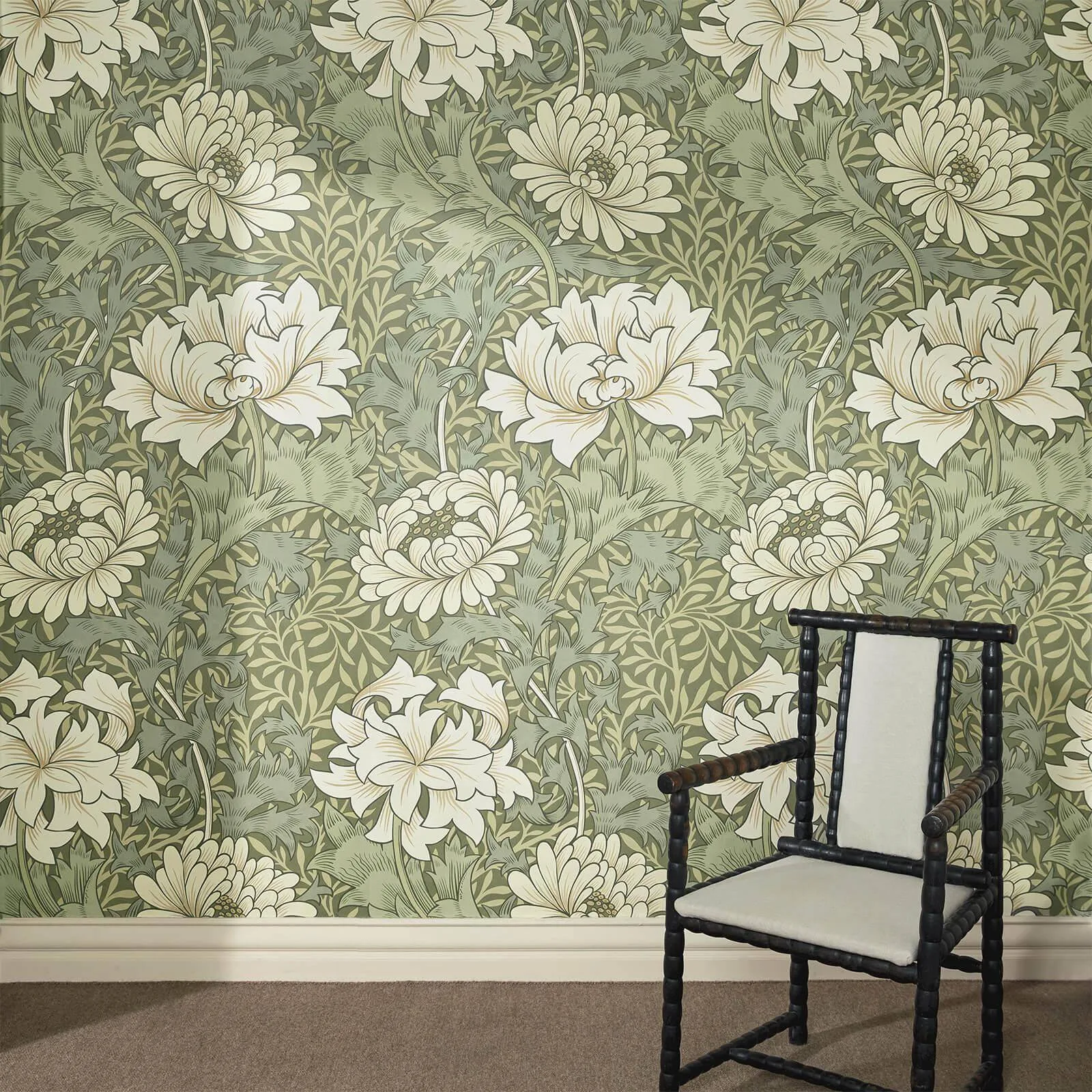House of Hackney Chrysanthemum Magna wallpaper in Sap, blooms and foliage in sap