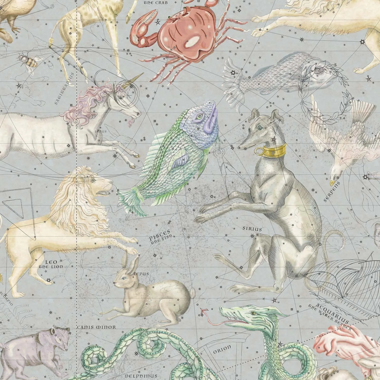 House of Hackney Cosmos wallpaper in Celestial Blue, animal markings and celestial motifs in blue