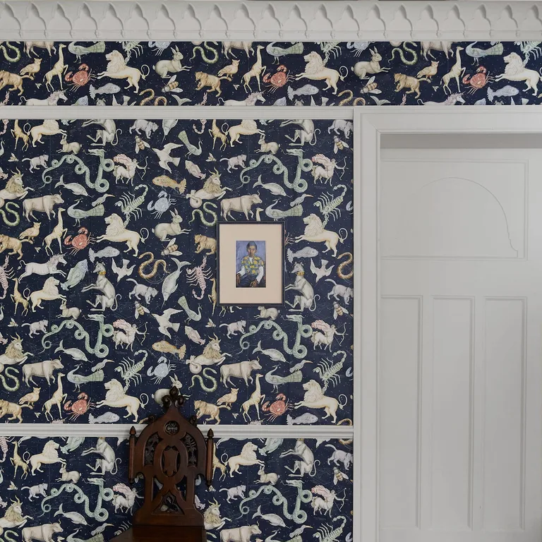House of Hackney Cosmos wallpaper in Midnight, animal markings and celestial motifs in midnight