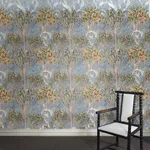 House of Hackney Earthly Paradise wallpaper in Celestial Blue, foliage and geometric forms in blue