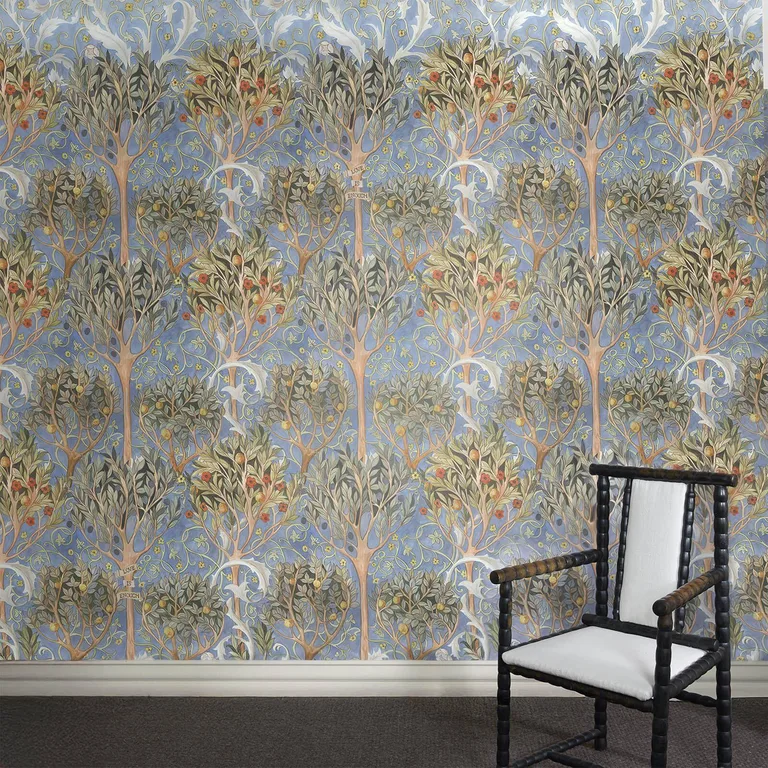 House of Hackney Earthly Paradise wallpaper in Celestial Blue, foliage and geometric forms in blue