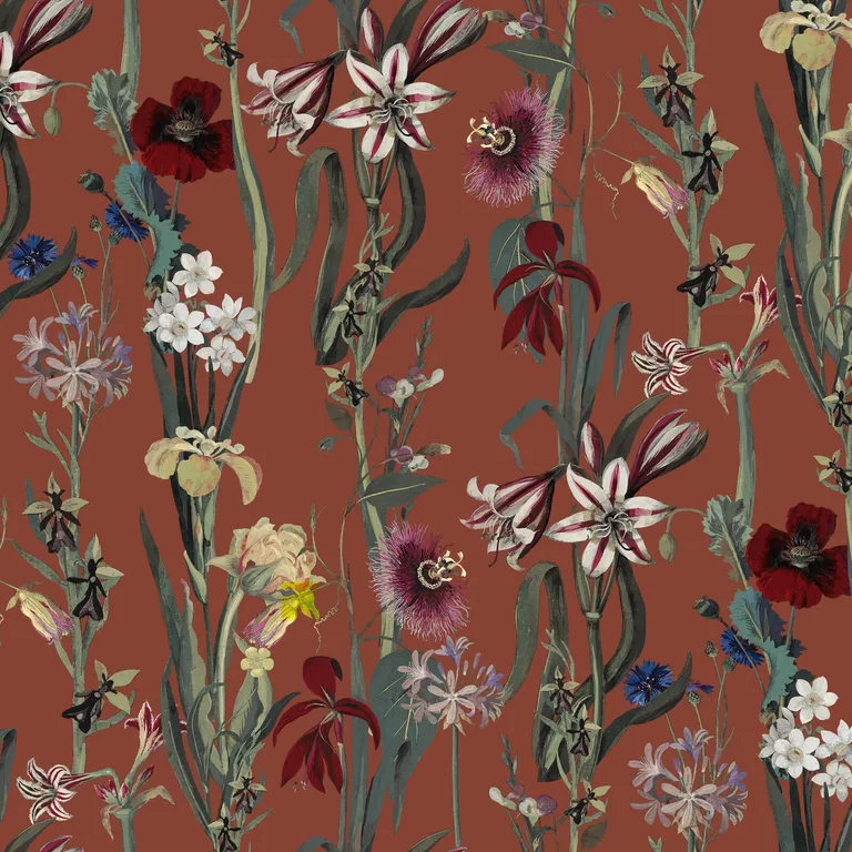House of Hackney Flora Delanica wallpaper in Clay, blooms and foliage in clay