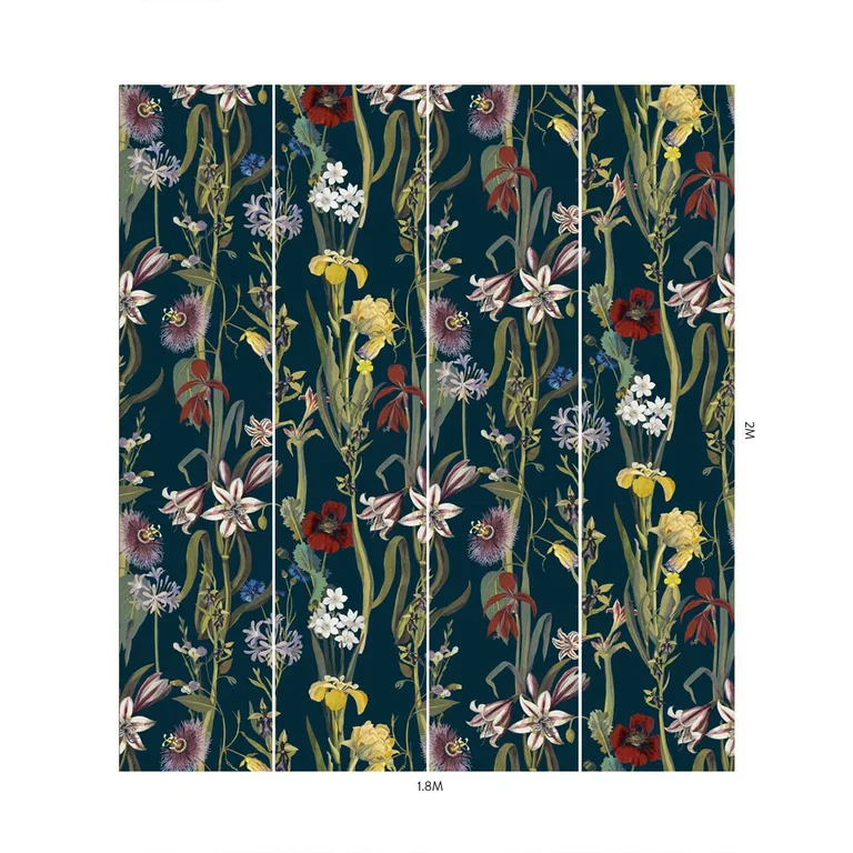 House of Hackney Flora Delanica wallpaper in Midnight, blooms and foliage in midnight